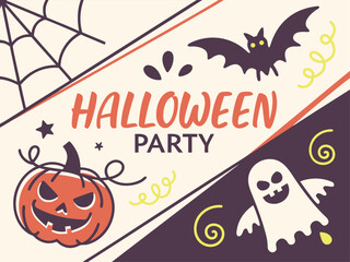 Fototapeta premium Vector invitation template design for Halloween party with pumpkins, bats, and creepy lettering, isolated on white background