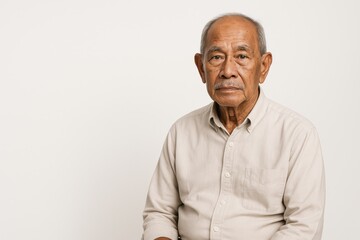 Serious senior Malay man in beige shirt posing against white copy space