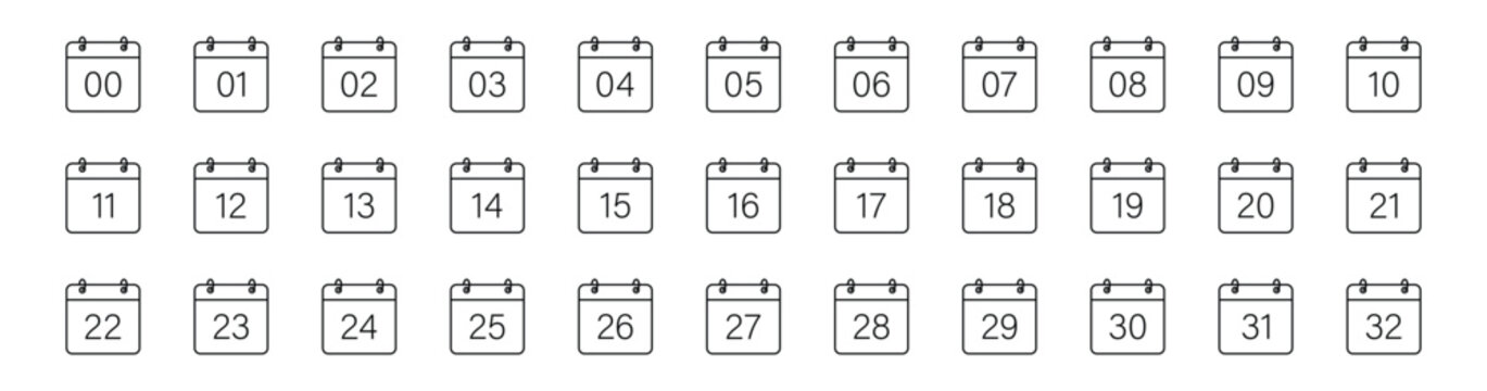 Calendar line icon set. Calendar Days Full Month Set, Dates 1st to 32st. Vector Illustration.