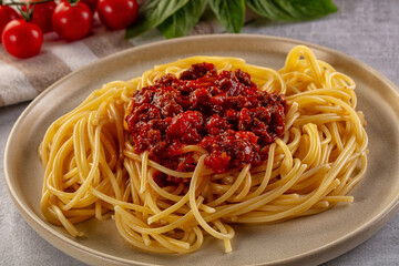 Italian pasta spaghetti bolognese with minced beef meat and tomato sauce