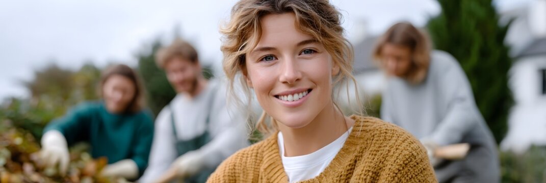 A group of friends raking leaves in a backyard during autumn