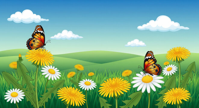 Fototapeta A bright meadow scene with green hills, blue sky, white clouds, blooming yellow dandelions and white daisies, and two orange‑black butterflies.