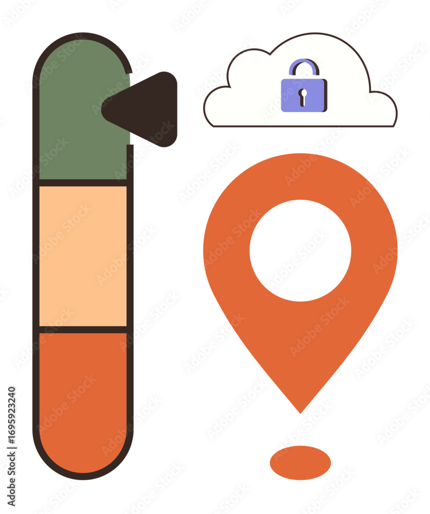 Poster map location pin with cloud lock symbol above and vertical bar gauge to indicate levels. ideal for p