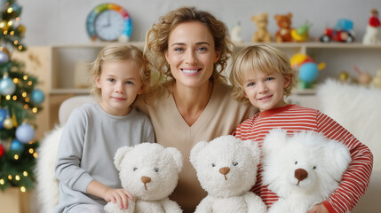 Family smiles together holding plush teddy bears in cozy living room. Bright decorations and holiday spirit create a warm atmosphere. Concept of family joy, home, festivities