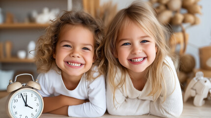 Two cheerful girls looking at the camera while smiling widely. Bright, cozy room with wooden decor. Concept of childhood, friendship, family bonding