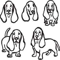Hand-drawn whimsical Basset hound dogs.