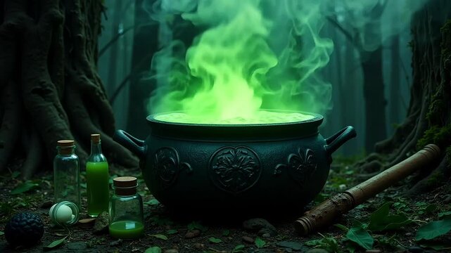 Mysterious green potion bubbles in a cauldron amidst a dark, enchanted forest.