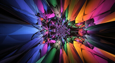 A colorful abstract explosion of geometric shapes radiating from a central point in a dynamic pattern