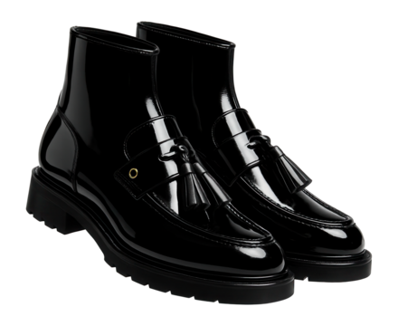 Loafer-style boots in black patent leather with a decorative tassel