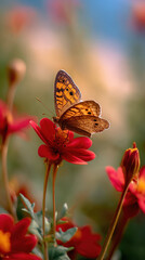 Obraz premium Schmetterling auf einer leuchtend roten Blume