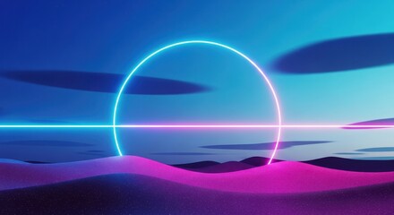 Obraz premium Abstract Neon Landscape with Glowing Circle and Desert Dunes