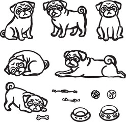 Hand-drawn whimsical Pug dogs.