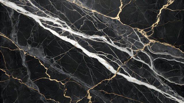 High contrast black marble texture with white and gold veining swirling pattern detailed background image