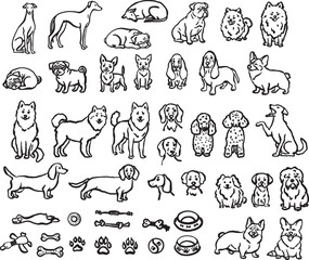 Hand-drawn whimsical dogs of different breeds.