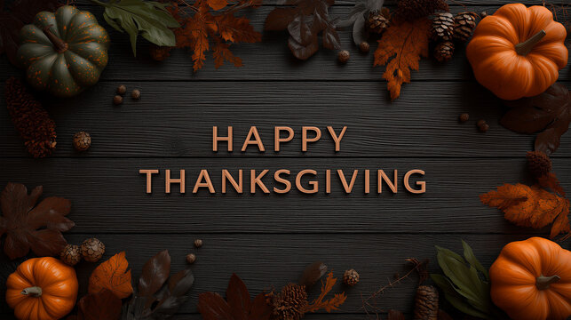 Thanksgiving Greetings: Festive Thanksgiving display featuring pumpkins, autumn leaves, and warm message on wooden background, evoking gratitude and seasonal joy.
