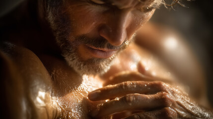 Muscular man with short hair looking down with hands resting on chest, illuminated by warm light in a moody studio. Concept of fitness, health, personal growth