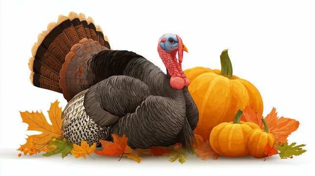 Thanksgiving Feast: A magnificent turkey, surrounded by pumpkins and autumn leaves, evokes the spirit of a bountiful harvest and joyous celebration.