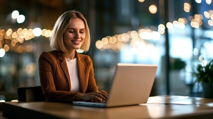 Smiling businesswoman in a vibrant office space, working on her laptop amidst beautiful bokeh lights