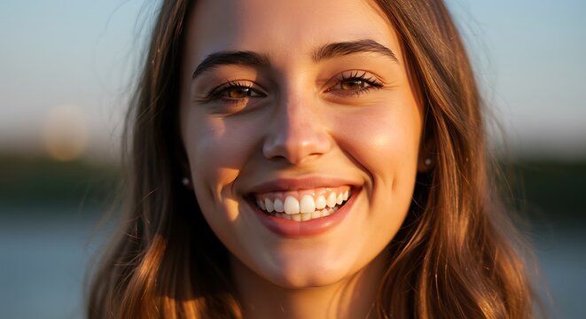 Closeup portrait of a young woman with a bright smile and dimples, bathed in warm golden hour sunlight, smile day