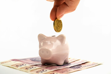 A hand drops a coin into a pink piggy bank standing on paper bills, symbolizing savings, financial...