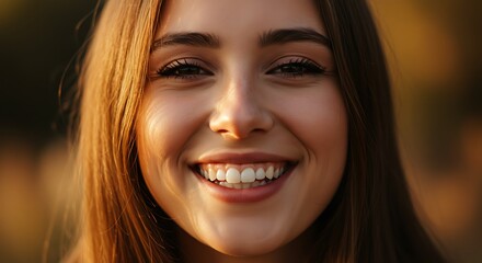 Fototapeta premium Close up portrait of a smiling young woman with warm sunlight on her face outdoors, smile day