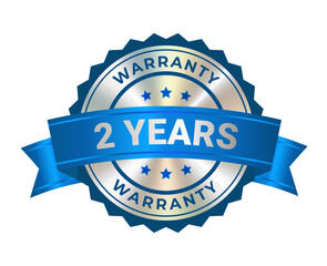 Round silver medal with award blue ribbon, warranty badge icon with 2 years guarantee label, quality assurance seal and certification emblem isolated on transparent background. Vector EPS10