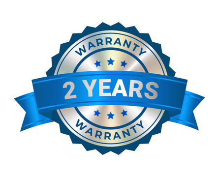 Round silver medal with award blue ribbon, warranty badge icon with 2 years guarantee label, quality assurance seal and certification emblem isolated on transparent background. Vector EPS10