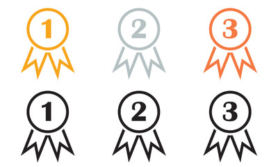 Gold silver and bronze award medal icons. three award medals with ribbons numbered 1, 2, and 3, representing gold, silver, and bronze competition rankings.   symbol sign icon logo template .