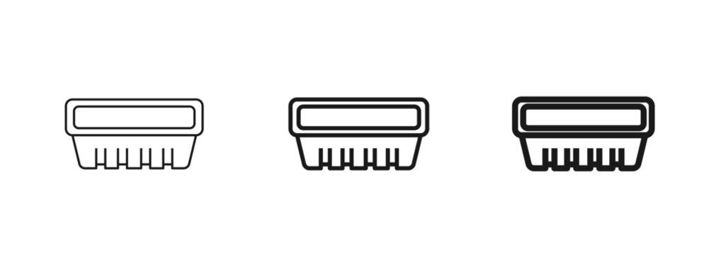 Vector icon of a disposable food packaging tray in thin, regular, and bold styles. Supermarket meat, produce, ready meals, or takeaway container. Ideal for grocery, catering, delivery, restaurants