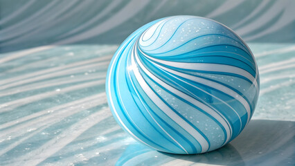 Fototapeta premium Pale Blue Glass Sphere with Swirling Cyan and White Stripes Resting on a Light Blue Textured Surface