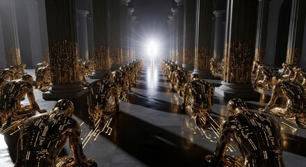 Digital Transformation: Golden Figures in a Futuristic Hallway