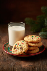 beautifully arranged plate of freshly baked cookies and glass of milk sits on rustic wooden table creating warm and