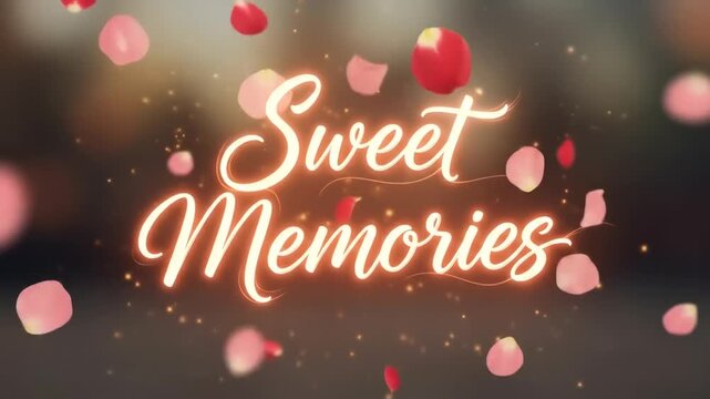 The words 'Sweet Memories' in a glowing cursive script, surrounded by floating pink rose petals and sparkling golden lights on a dark, blurred background.