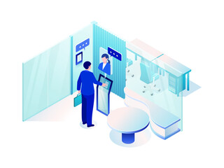 Isometric Office Entrance with Digital Intercom and Unmanned Reception – Vector Illustration