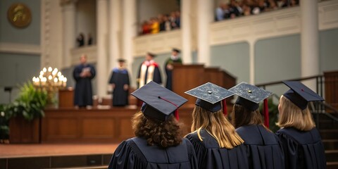 Graduates in caps and gowns await their turn on stage during a formal academic ceremony in a grand hall