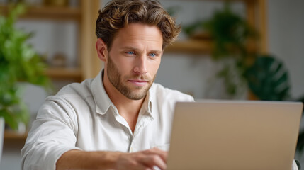 Man typing on laptop in modern workspace with greenery and ample natural light. Intimate setting of productivity and creativity. Concept of remote work, technology, lifestyle