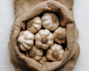 Closeup Of Garlic Heads In Burlap Bag