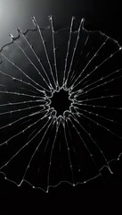A black and white photo of a broken glass window.