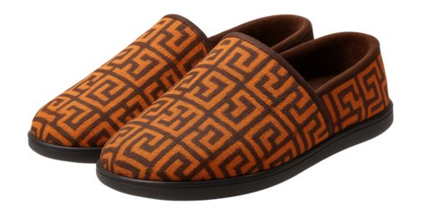 Textile slippers with a geometric print in shades of brown and orange
