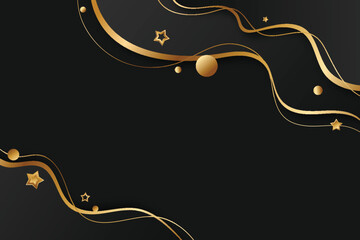 Luxurious black background with golden wavy lines and stars. Shiny elegant gold and black wave design for website, poster, cover, banner, gala, events.