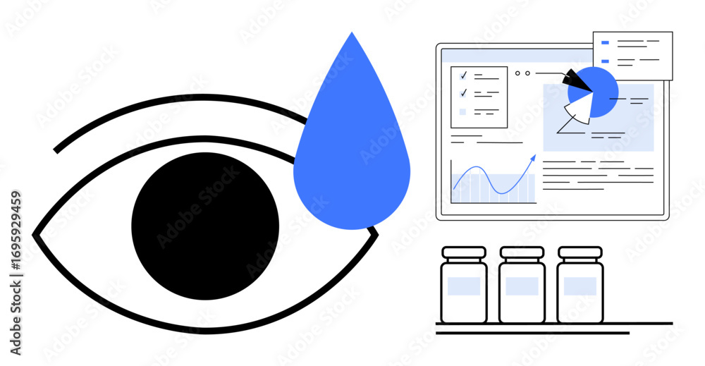 Aufkleber eye and blue drop on left, screen with data analytics and charts in center, medication bottles below