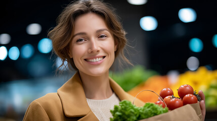 Woman looking at camera with warm smile holding bag of fresh tomatoes and lettuce. Bright grocery store setting filled with vibrant produce. Concept of health, wellness, nutrition