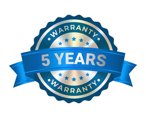 Round silver medal with award blue ribbon, warranty badge icon with 5 years guarantee label, quality assurance seal and certification emblem isolated on transparent background. Vector EPS10