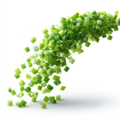 Fototapeta premium Freshly chopped green onions in a dynamic, cascading motion against a pure white background