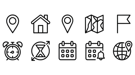 Vector icons location pin home map flag alarm clock calendar time globe travel destination planning