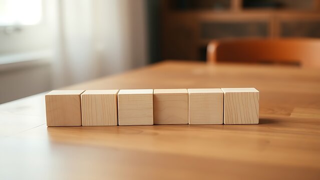 Wooden cube blocks arranged in progression on a smooth table, highlighted by soft natural lighting.