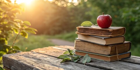 Autumnal harvest of knowledge stacked vintage books and fresh apples on a rustic wooden table bathed in golden sunlight