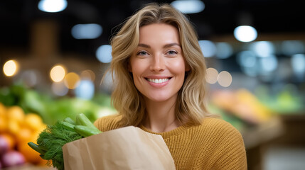 Woman looking at camera with bright smile holds brown paper bag filled with fresh vegetables. Colorful grocery store setting illuminated by warm lights. Concept of health, nutrition, grocery shopping