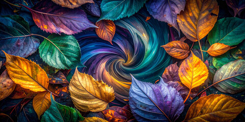 Abstract digital illustration of a colorful leaf whirlwind, a dramatic and cinematic vortex of nature's beauty in vibrant jewel tones and psychedelic patterns