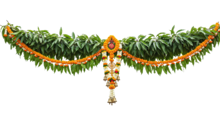 Auspicious Floral Garland: A vibrantly adorned floral garland, a symbolic emblem of festivity and auspiciousness. This decorative piece, composed of verdant leaves, bright blossoms.